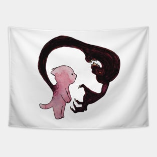 Cute cat anxiety fear monster illustration watercolor red pink Tapestry