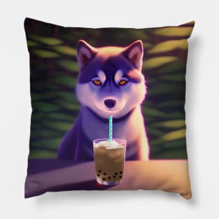 Siberian Husky with boba bubble tea Pillow