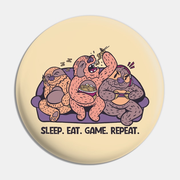 Sleep Eat Game Repeat // Funny Cartoon Sloths on the Couch Pin by SLAG_Creative