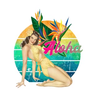 Aloha Pin-Up Girl Tropical Retro Vintage Sunset Graphic Design T-Shirt