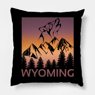 Wyoming Sunset Wolf Howling at The Moon Trees and Mountains Pillow