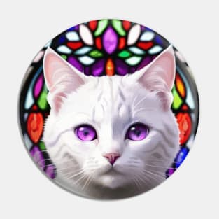 Sad White Cat with Purple Eyes in Front of Stained Glass Pin