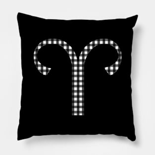 Aries Zodiac Horoscope Symbol in Black and White Gingham Pattern Pillow