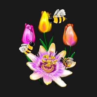 Bee themed gifts for women men and kids spring tulips Blue crown Passion plant pattern flower bumble bee - save the bees T-Shirt