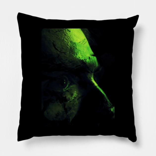 Portrait, digital collage and special processing. Man. Face, close up. Eye, forehead, nose. Dark shapes, like feather. Green. Pillow by 234TeeUser234