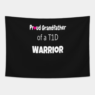 Proud Grandfather Of A T1D Warrior - White Text -  Pink Heart Tapestry