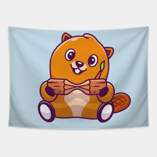 Cute Beaver Holding Wood Cartoon (2) Tapestry