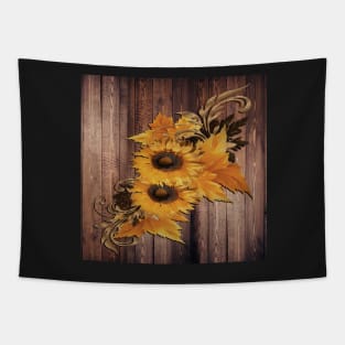 Sunflowers Rustic Floral on Wood Barn Look Background with Pattern Sunflower Tapestry