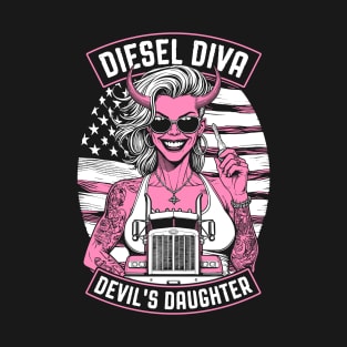 Woman Trucker Diesel Diva Female Devil Truck Driver USA Flag T-Shirt