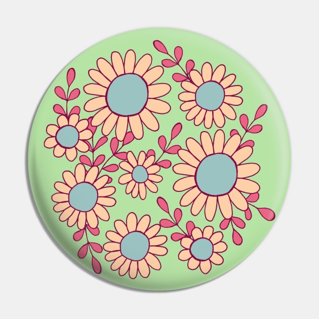 Retro 70s daisy flowers botanical design in green, pink and blue Pin by Natalisa