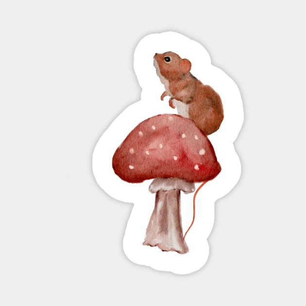 Cute Baby Mouse on Redcap Mushroom Watercolor Magnet by penandbea