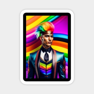 A man with a rainbow hair style on his head. Magnet