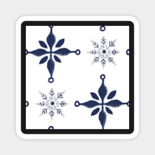 Pattern of blue snow crystals and crosses on white Magnet
