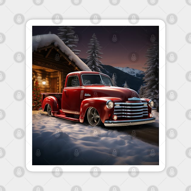 A festive red Christmas-themed Chevy 3100 Magnet by Spearhead Ink