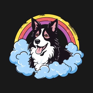 Cute Border Collie Rainbow Cloud Cartoon Puppy Dog T-Shirt