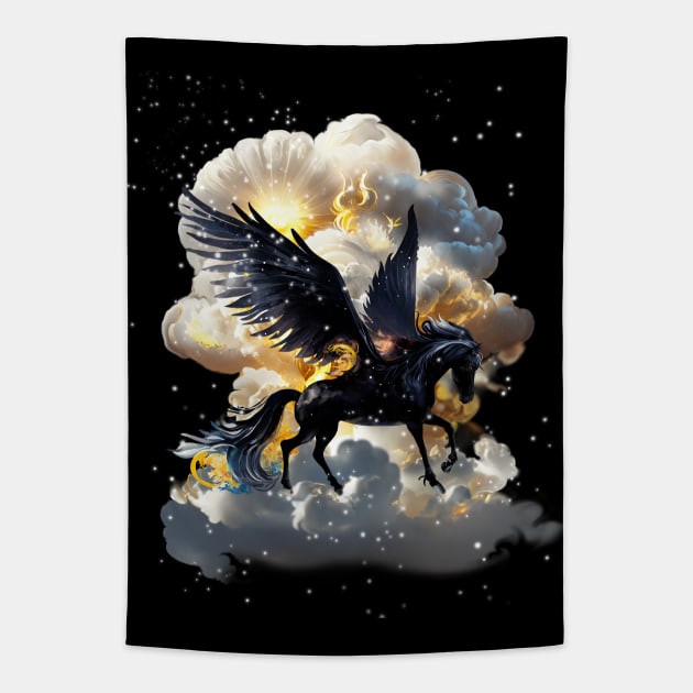 Mythical Pegasus black horse wings night clouds splash watercolor fantasy magical tale romance illustration Birthday idea Party Tapestry by sofiartmedia