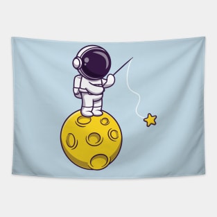 Astronaut Fishing Star On Moon Cartoon Tapestry