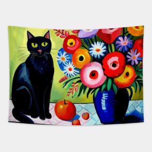 Black Cat and Floral Vase Modern Still Life Painting Tapestry