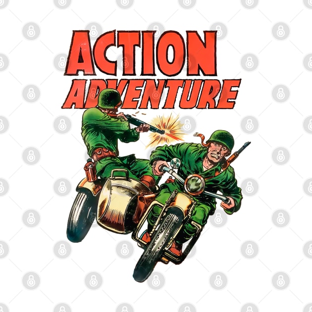 Retro Sidecar Motorcycle Soldiers Military Army Action 1955 Adventure Vintage Comic Book Cover by REVISTANGO