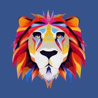 Lion Art in flaming Bright Colours on a Blue Background T-Shirt