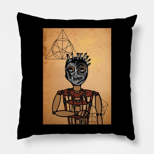 Elon Musk: PuppetMasked NFT with Street Eyes, Painted Skin, and a Wooden Touch in a Davinci Background Pillow by Hashed Art