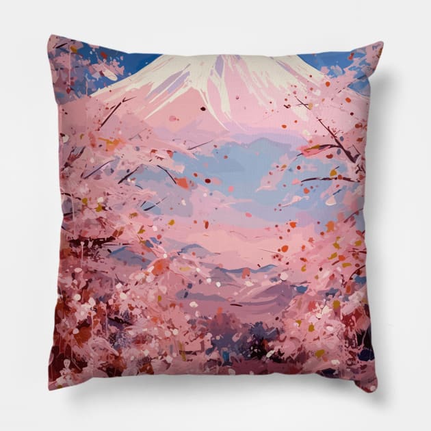 Japan Mount Fuji Cherry Blossom Abstract Art Pillow by Art-Jiyuu