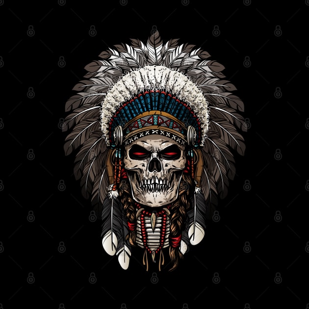 Ancient Indian Chief Skull with feathers by Eskitus Fashion