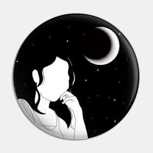 MINIMALIST PORTRAIT FACELESS GIRL MOON AND STARS BLACK AND WHITE Pin