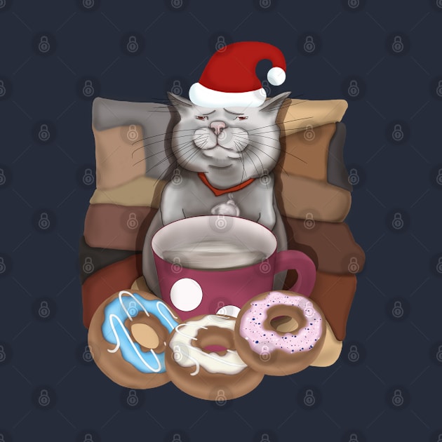 Santa cat. Funny cat with a mug of coffee and donuts. by KateQR