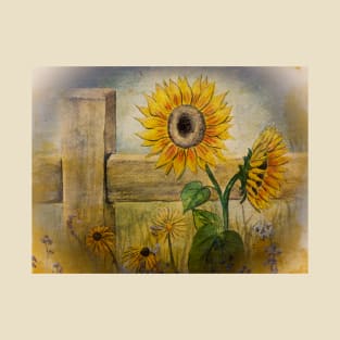 Watercolor Sunflower and Old Fence T-Shirt