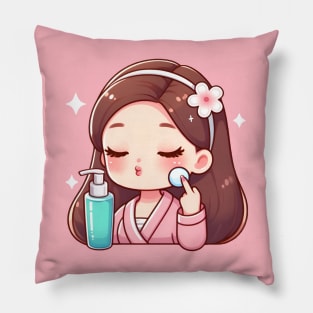 Girl applying skincare cute kawaii Pillow