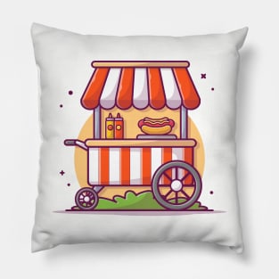 Hotdog Stand Fast Food Street Shop with Hot Dog, Sauce and Mustard Cartoon Vector Icon Illustration Pillow