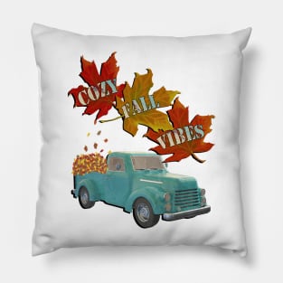 Cozy Fall Vibes Quote Graphic Autumn Leaves & Pickup Truck Gift Pillow