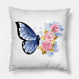 Blue Butterfly with Roses Pillow