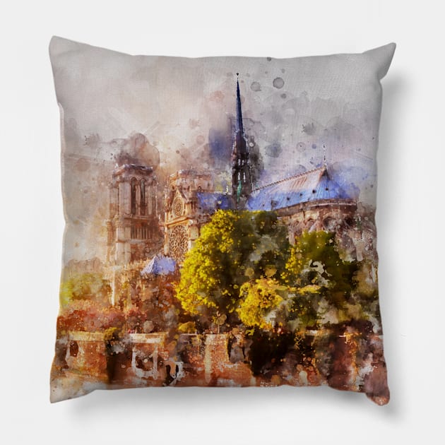 Notre-Dame de Paris Watercolor - 05c Pillow by SPJE Illustration Photography