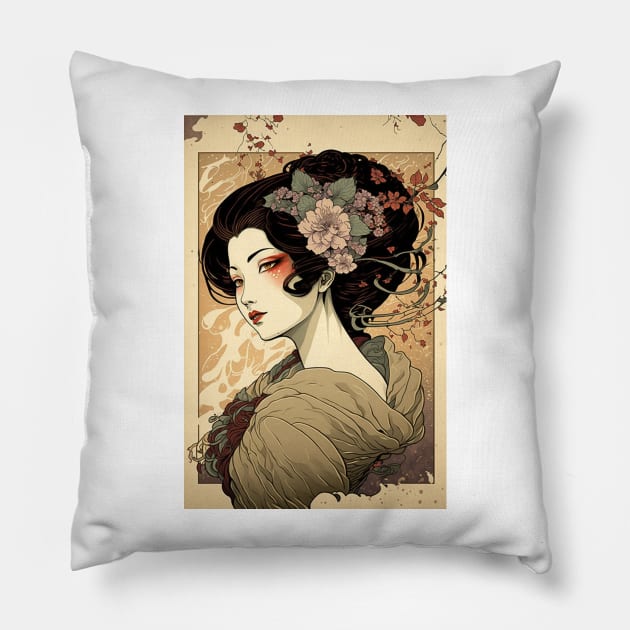 Japanese Woman in Spring - Art Nouveau Style Pillow by ArtNouveauChic