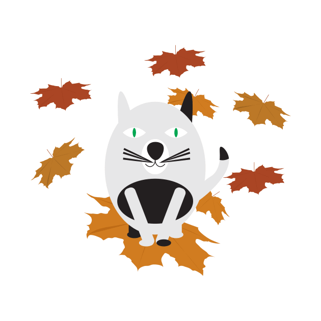 Black White Cat and Brown Fall Leaves by sigdesign