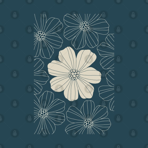 Marsh Mallow Doodle Flower Beige and Navy Blue by tramasdesign