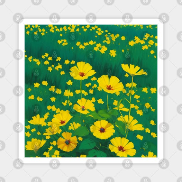 Fantasy Field of Daisy Flowers - Yellow and Red Flower Magnet by CursedContent