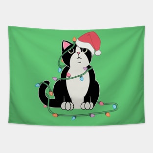 Tuxedo Cat Christmas lights funny cat lover xmas hat Tapestry