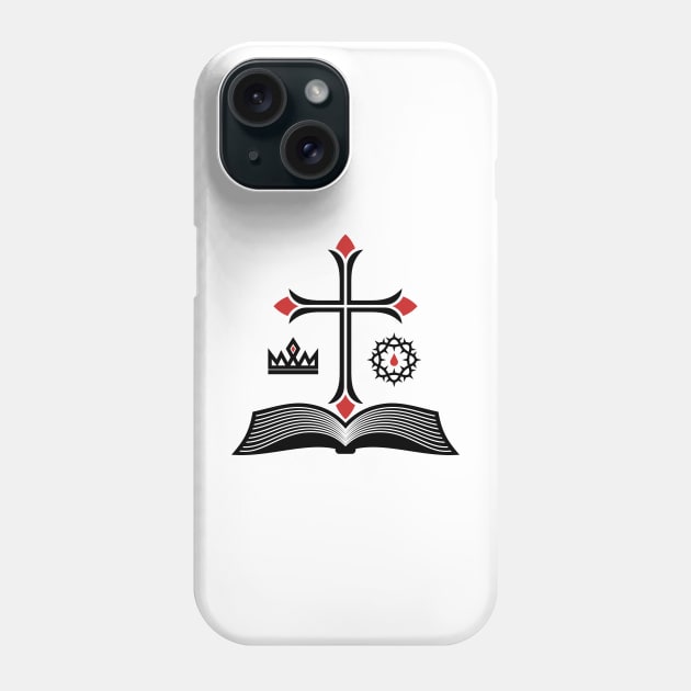 Cross of Jesus Christ, open bible and royal symbols. Phone Case by Reformer