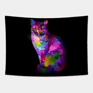 Colorful cool cat sitting and looking Tapestry