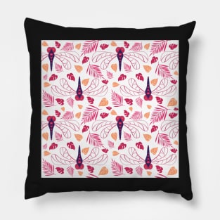 Red Dragonfly and Leaf Pattern on White Pillow