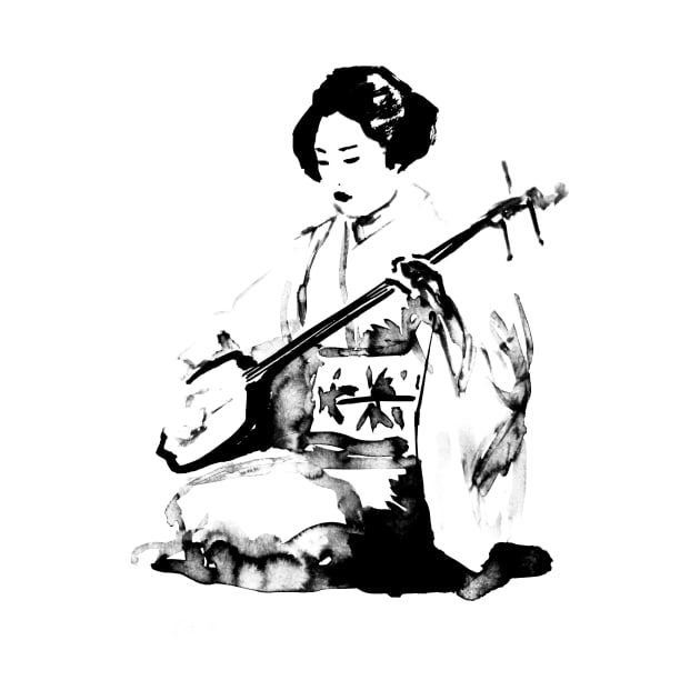 geisha playing shamisen by pechane