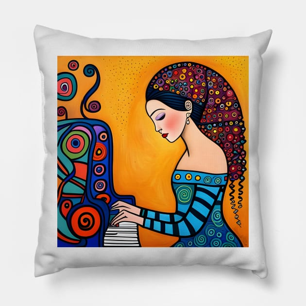 Young woman playing a Piano Pillow by Colin-Bentham