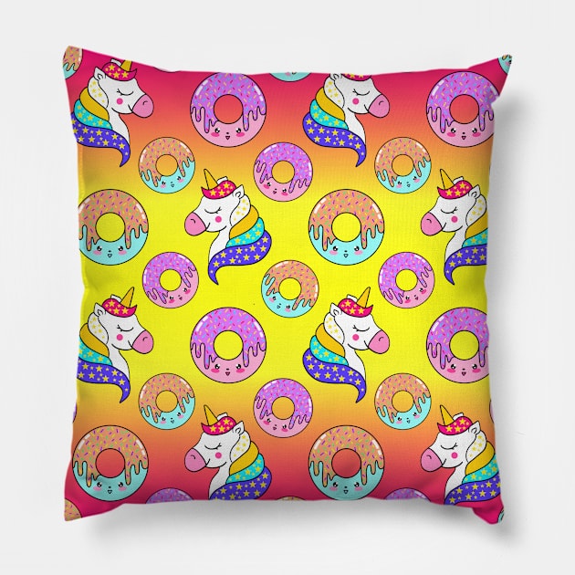 Cute happy funny colorful dreaming magical fantasy unicorns, sweet yummy Kawaii adorable donuts cartoon bright sunny bright yellow and raspbery pink pattern design. Pillow by IvyArtistic