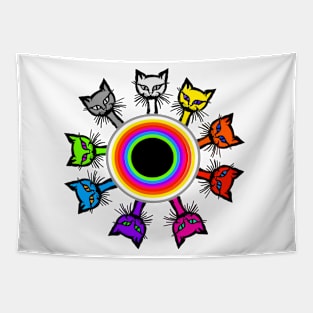 Multicolor cats sitting around a rainbow table Tapestry