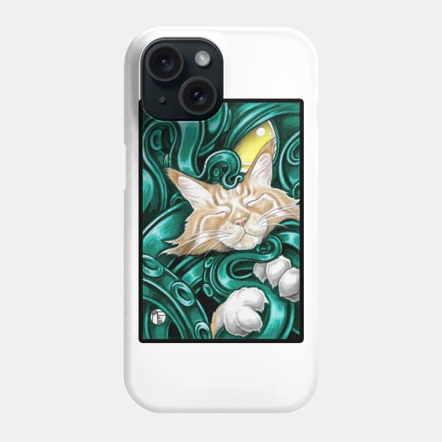 Ginger Cat And Cthulhu Friend - Black Outlined Version Phone Case by Nat Ewert Art