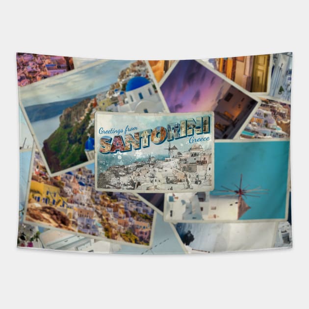 Greetings from Santorini in Greece Vintage style retro souvenir Tapestry by DesignerPropo