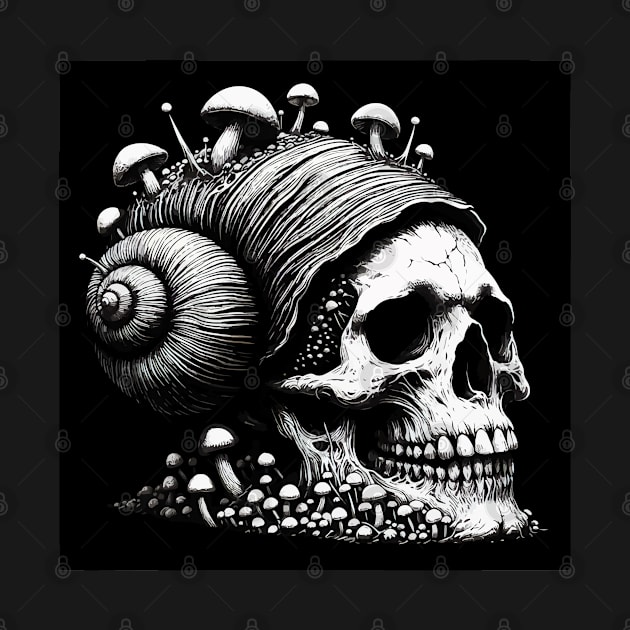 Monochromatic Skull Snail of Death Overgrown Mushrooms by TomFrontierArt